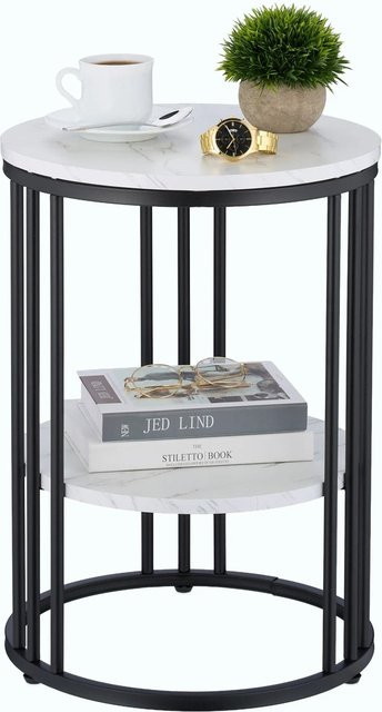Relaxdays Beistelltisch in Marmoroptik aus Eisen und MDF, höhenverstellbar, Weiß und Schwarz, Durchmesser: 40 cm, Höhe: 56 cm - Bild 1