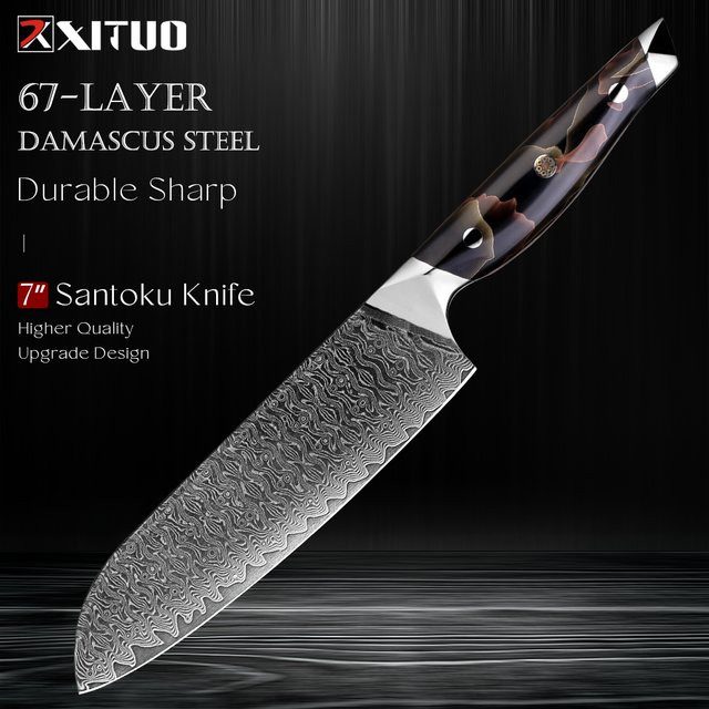 Xituo Santoku Kochmesser aus japanischem Damaststahl mit Kupfer-Platin-Harz Griff, 17,78 cm, Mehrfarbig - Bild 1