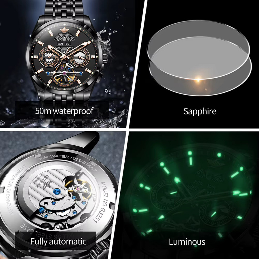 OUPINKE Automatik-Armbanduhr, Edelstahl, Schwarz, Herren - Bild 5