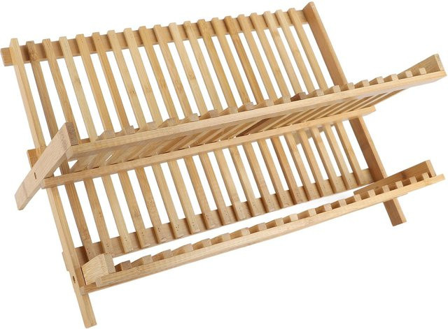 CosyHome Zusammenklappbarer Geschirrabtropfständer aus Bambusholz in Beige mit 2 Ebenen und 20 Gittern - Bild 1