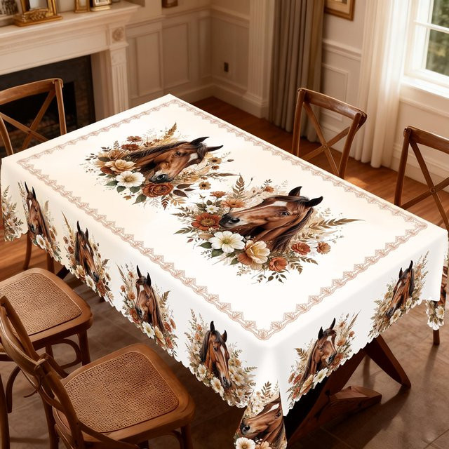 JINGYUE Pet Weihnachts-Tischdecke im Vintage-Bauernhaus-Stil mit Weihnachtsmann, Rentier und Weihnachtsbaum, wasserabweisend, Polyester, Farbe: Braun/Weiß, B x L: 140 x 180 cm - Bild 1