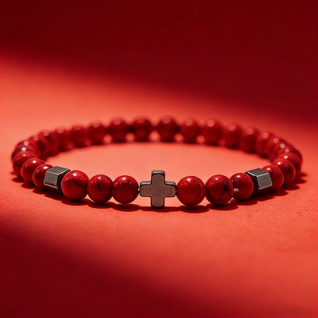Armband Herren, roter Howlith, Malachit, Tigeraugen, Perlenstrang, 6 mm