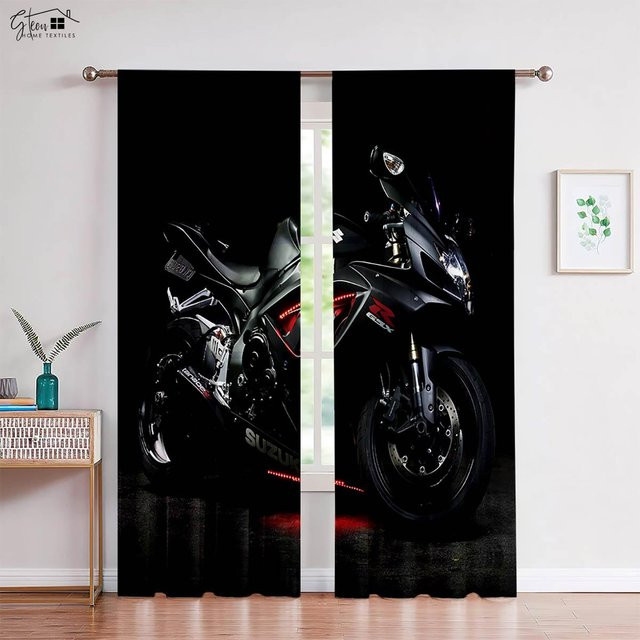 Yiran Furniture Vorhänge im Retro Motorrad Design, Industrieller Stil, Schwarz, B: 50 cm, H: 130 cm, 2er-Set - Bild 1
