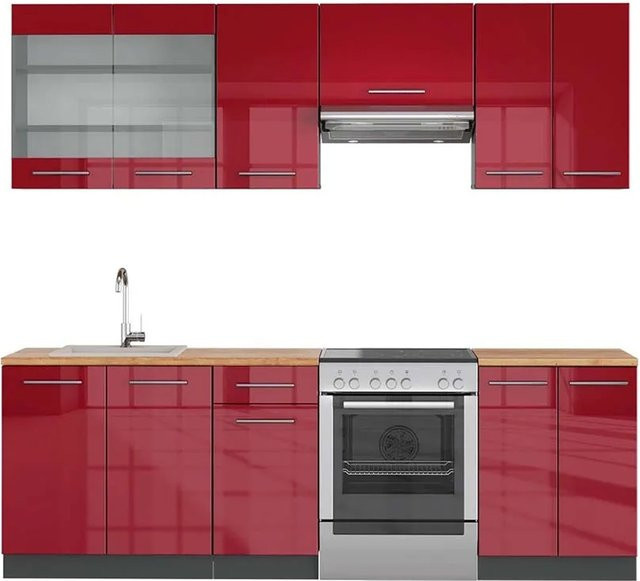 Vicco Fame-Line Küchenzeile Bordeaux Hochglanz Eiche modern mit Soft-Close-Türen B/T/H: 240 x 60 x 82 cm - Bild 1