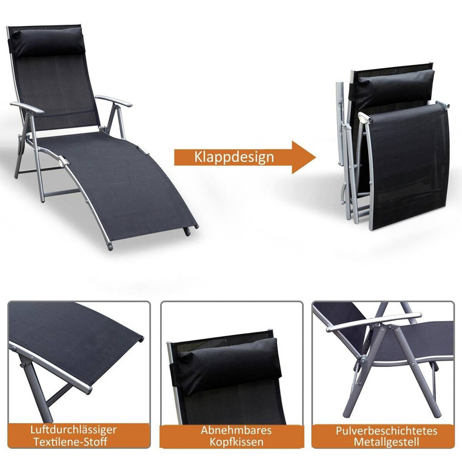 Outsunny Sonnenliege aus Metall und Textilene in Schwarz mit verstellbarer Kopfstütze und Armlehnen, B/T/H: 137 x 63,5 x 100,5 cm - Bild 6