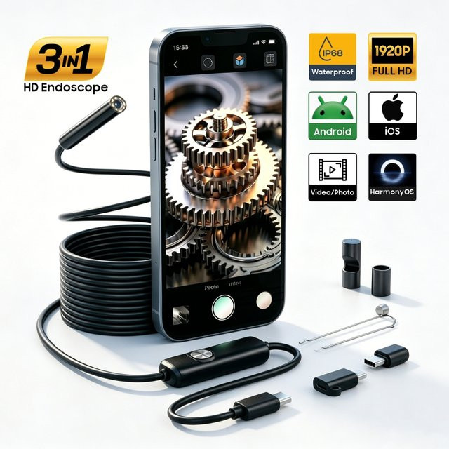 1920P HD Endoskopkamera für iPhone, Huawei, iOS und Android mit USB-C, Micro USB und Licht für Auto und Kanalisation, Schwarz - Bild 1