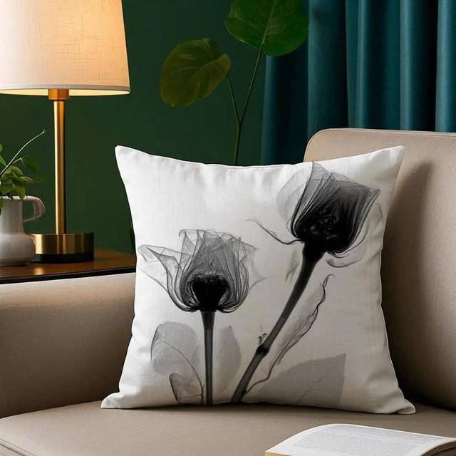 VIKAMA Kissenbezug mit modernem Röntgen-Blumenmuster in Schwarz und Weiß, B/B/H: 30 x 30 x 30 cm - Bild 1