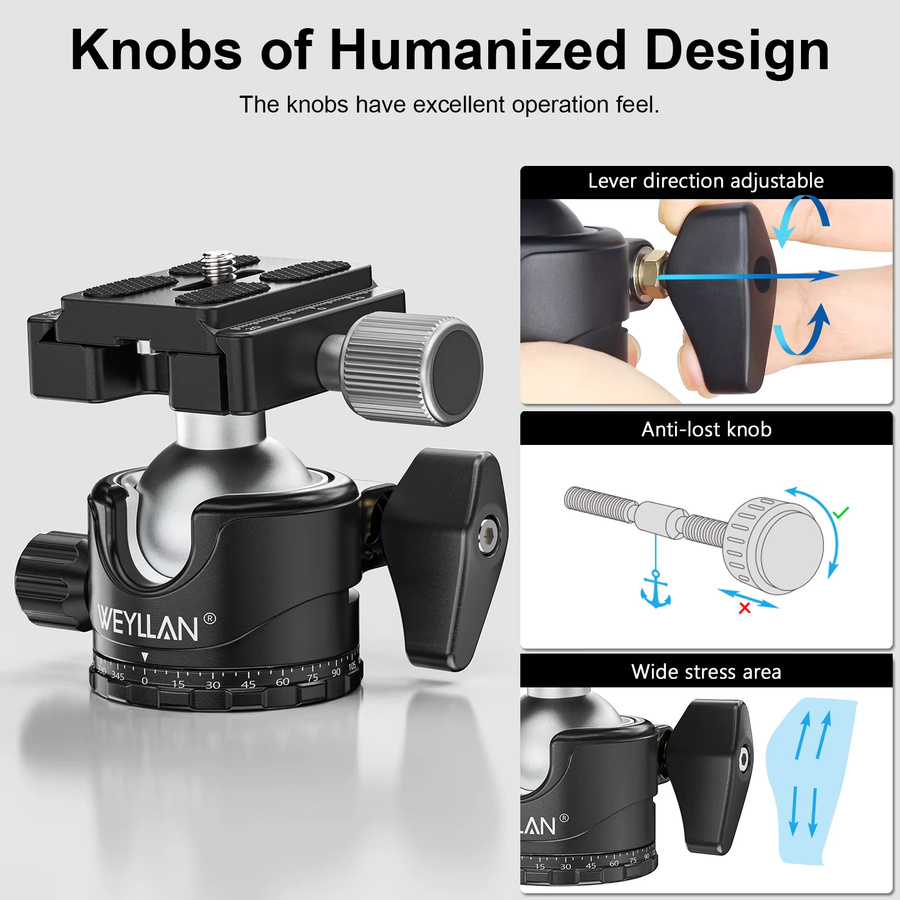 WEYLLAN EH36S Panorama Universal Kugelkopf mit U-Nut Low Profile Stativhalterung für DSLR Kamera Camcorder und Einbeinstativ in Schwarz - Bild 3