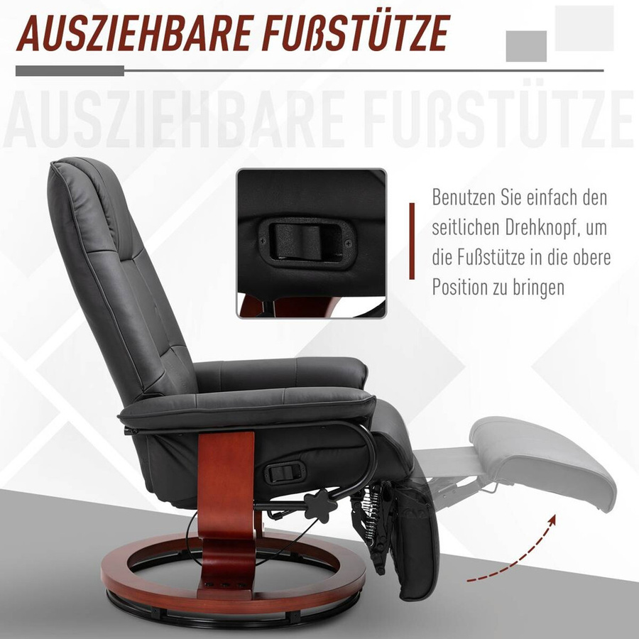 HOMCOM Relaxsessel aus Kunstleder in Schwarz mit Fußstütze, 360 Grad drehbar und 145 Grad neigbar, B/T/H: 78 x 87 x 100 cm - Bild 7