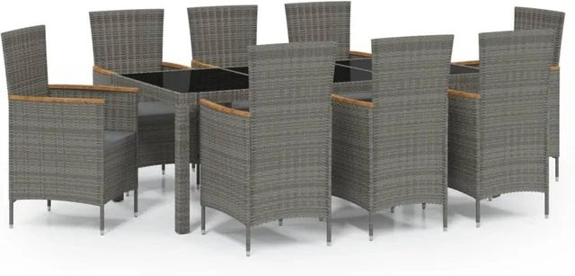 vidaXL 9-tlg Garten-Essgruppe aus Poly Rattan mit Kissen und Hartglasplatte in Grau - Bild 1