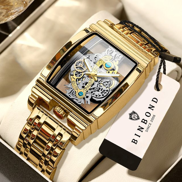 BINBOND Armbanduhr Quarz, Edelstahl, Gold, Herren, Rechteckig - Bild 1