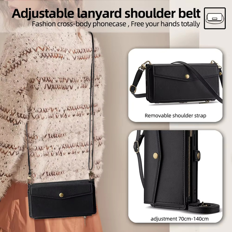 Lederne Brieftasche-Schutzhülle mit Standfunktion und Umhängetaschen-Design für iPhone Modelle in Schwarz - Bild 5