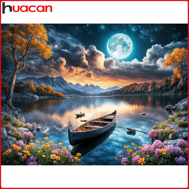 Huacan Diamant-Gemälde Mond und Blumenboot als Landschafts-Mosaik in Multicolour, B/H: 30 x 20 cm - Bild 1