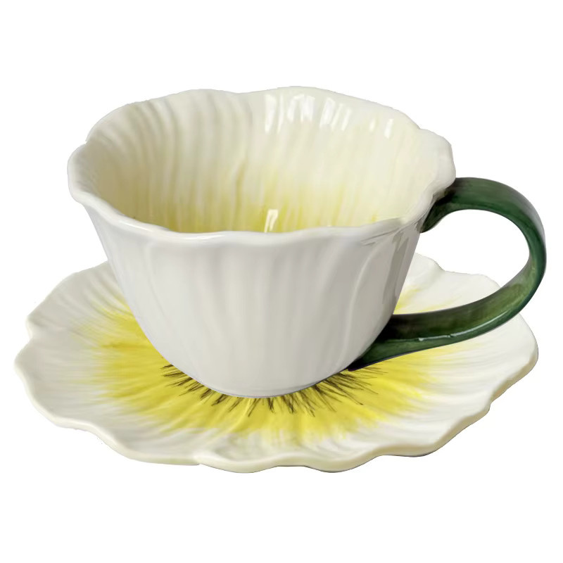 PGY Keramik Kaffeetasse mit Teller Set, handbemaltes Blumen-Design im französischen Retro-Stil, gelb und mehrfarbig - Bild 2
