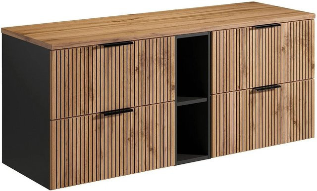 Waschbeckenunterschrank Madela von Vente-unique in Schwarz mit hellen Streifenoptik, Breite: 140 cm - Bild 1