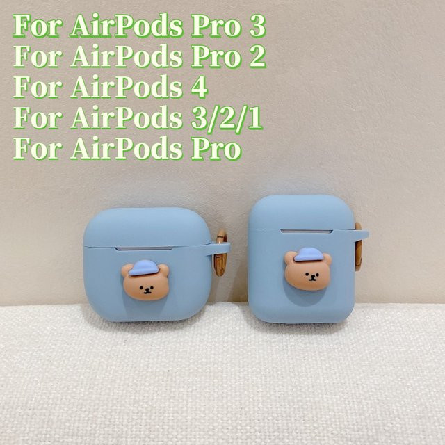 Silikon Kopfhörer Hülle mit 3D Cartoon Bär Design für Apple AirPods Pro und AirPods 4 3 2 1 in Blau mit Haken - Bild 1