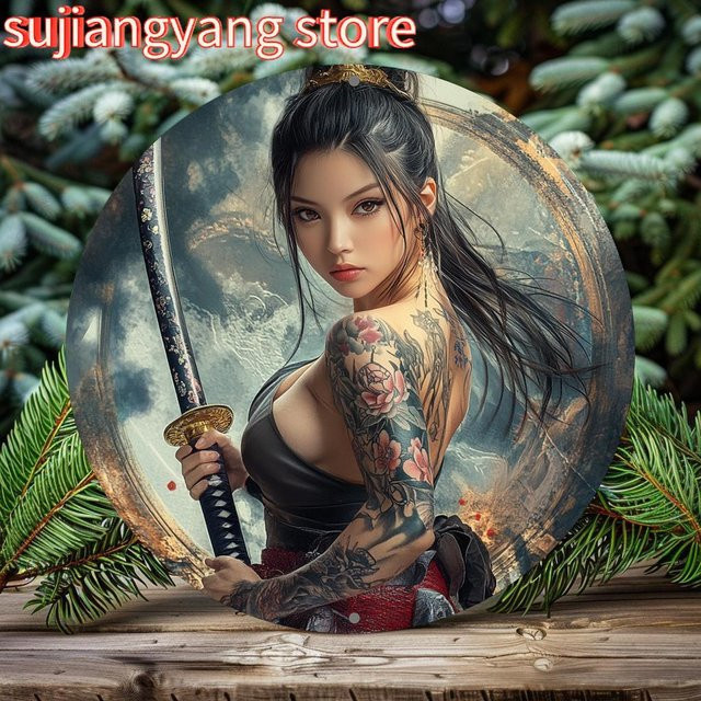 Potdemiel Vintage Japanische Samurai-Frau Aluminium-Wandkunst, rundes Metallschild in Multicolour, Durchmesser: 20,32 cm - Bild 1