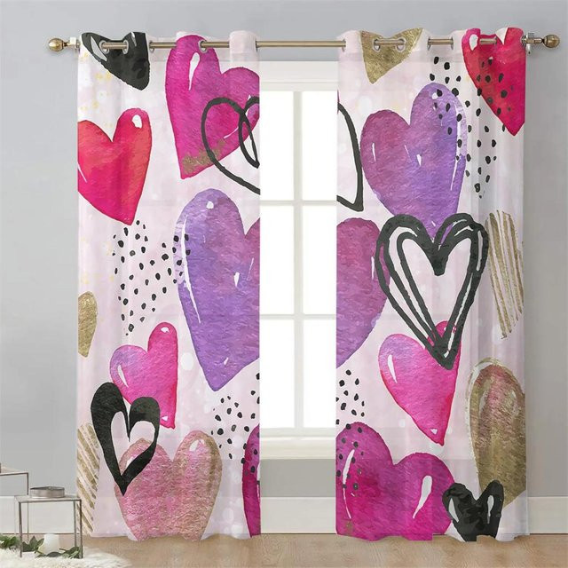 Yiran Furniture Transparentes Tüll-Fensterdekoration Set mit roten Herzen und Blumen, 2 Stück, Breite: 65 cm, Höhe: 60 cm - Bild 1