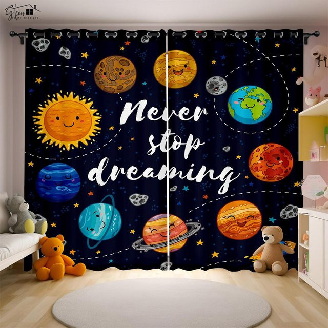Yiran Furniture Vorhänge mit Astronauten und Raketenstart Motiv, 2er-Set, Blau, B: 50 cm, H: 130 cm - Bild 1