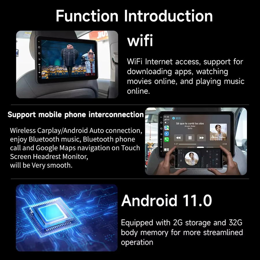 Jiuyin Touchscreen Auto Kopfstützen-Player mit IP-Bildschirm, WLAN, Bluetooth, FM und Airplay, Schwarz - Bild 4