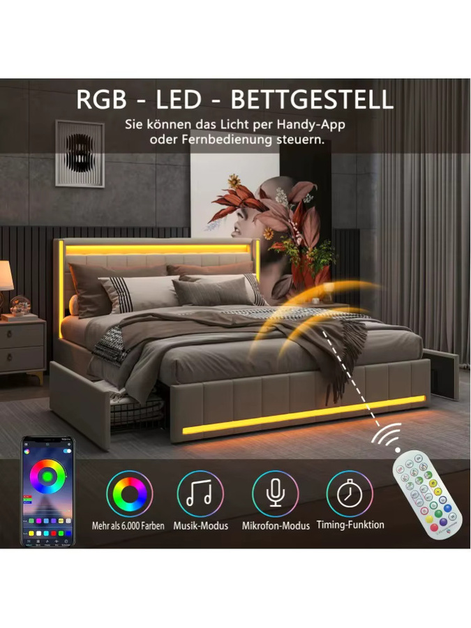 Superaly Polsterbett mit LED-Beleuchtung und USB-Ladefunktion, Doppelbett mit 4 Schubladen aus Leinen in Beige, B/T: 160 x 200 cm - Bild 4