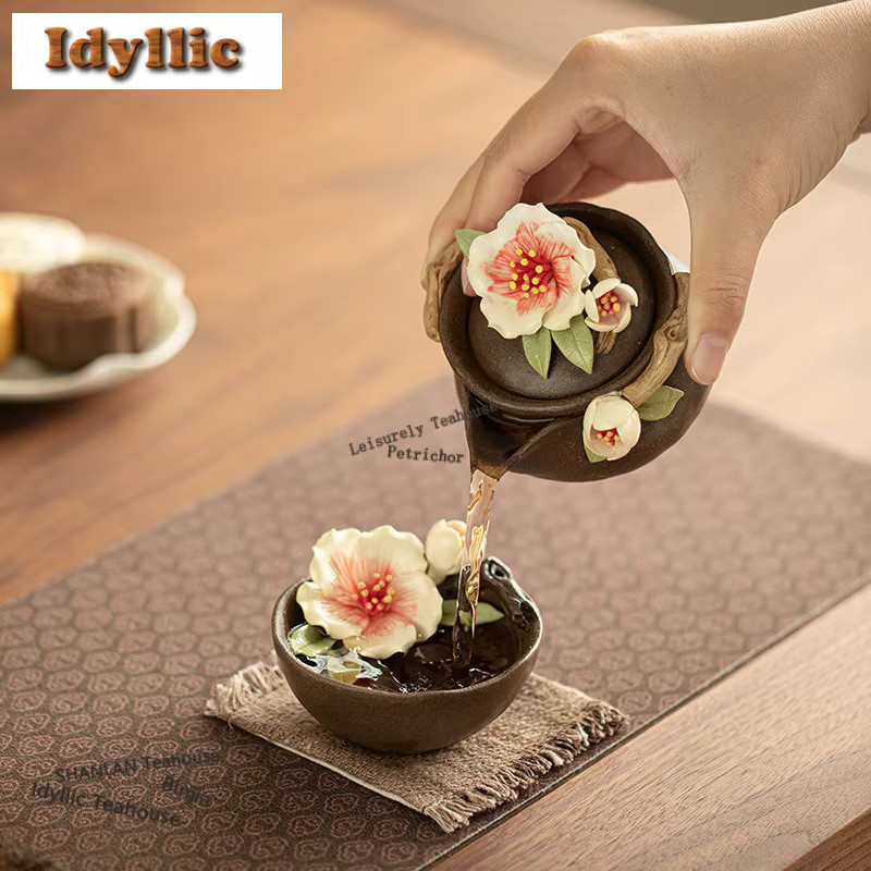 HOYIHM Handgefertigte Keramik-Teekanne mit Tee-Infusor und Sieb, Pfirsichblüten-Design, Braun, 120 ml - Bild 3
