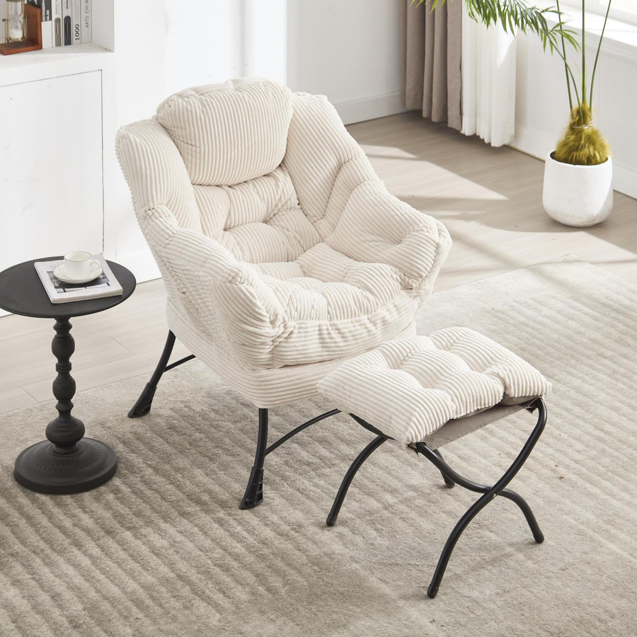 Moderner Lounge-Sessel mit Hocker und Seitentasche in Weiß mit Flanellbezug, B/T/H: 69,9 x 64,0 x 95,0 cm - Bild 2