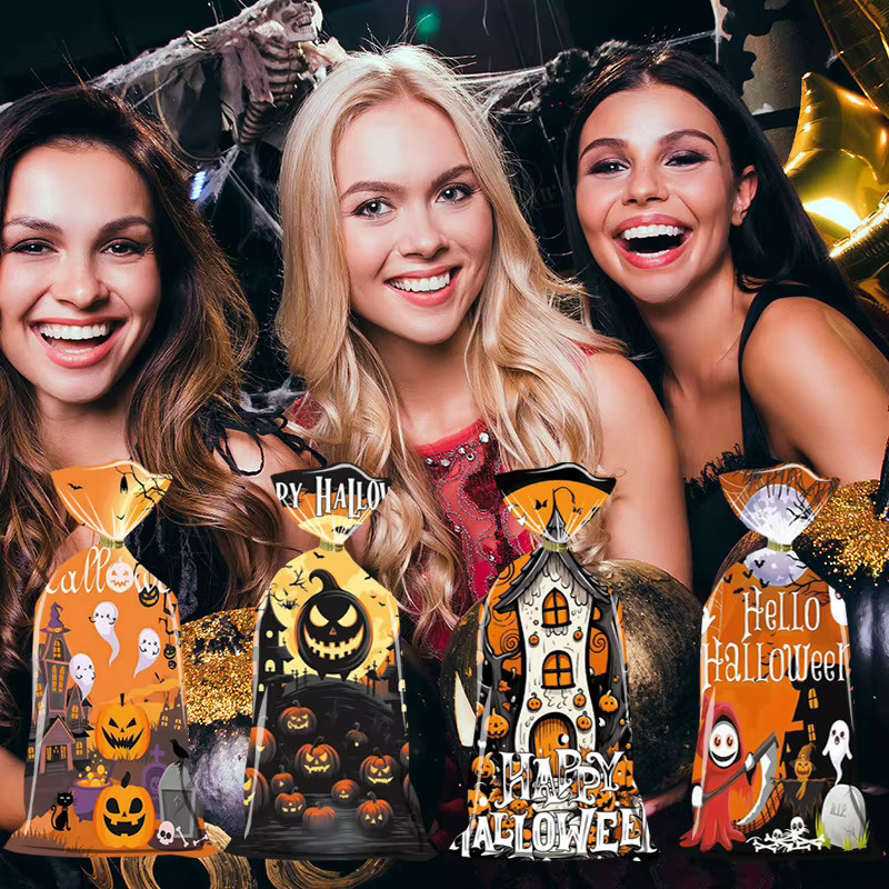 50 Stück Halloween Süßigkeitenbeutel mit Geister- und Kürbisdesign aus Kunststoff für Party-Dekorationen und Goodie-Geschenktüten - Bild 3