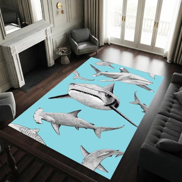 Deep Sea Shark Adventure Teppich mit grauen Haien in Hellblau für das Kinderzimmer und Spielzimmer - Bild 1