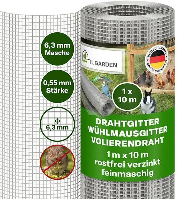 TTL GARDEN Drahtgitter Rolle aus verzinktem Stahl, Farbe: Silber, Maschenweite: 6,3 mm, Drahtstärke: 0,55 mm, Breite: 1 m, Länge: 10 m - Bild 1