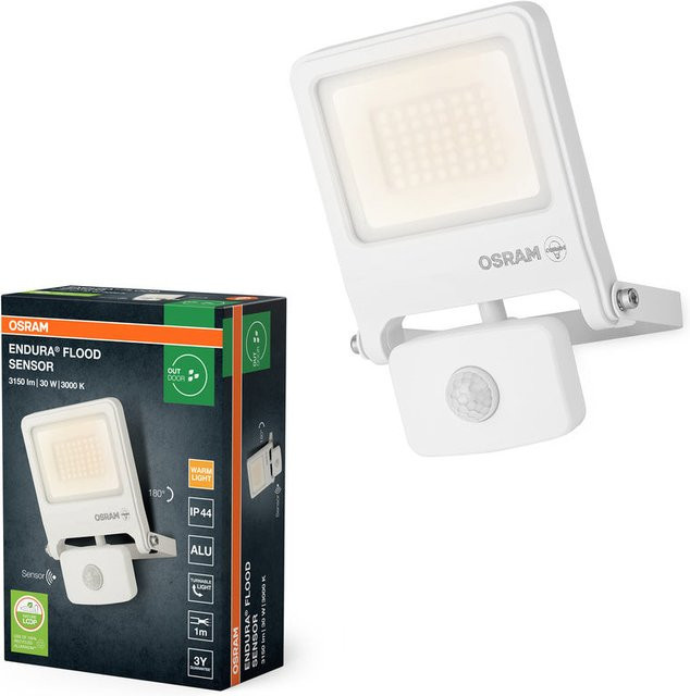Osram Endura Flood PC LED-Fluter mit Bewegungsmelder und Dämmerungssensor, 30W, 3000 Lumen, 3000K Warmweiß, IP44, Weiß - Bild 1