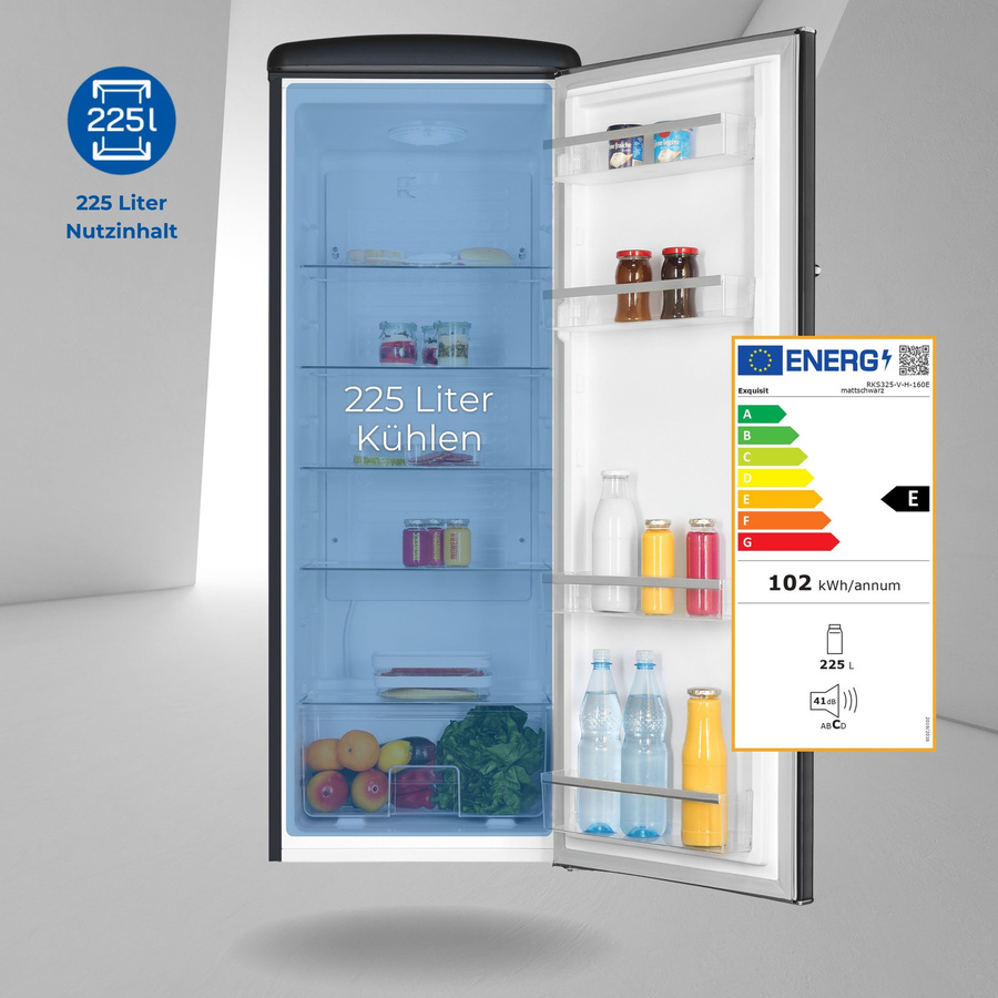 Exquisit RKS325-V-H-160E Retro Vollraumkühlschrank in Mattschwarz, Standgerät mit LED-Innenbeleuchtung und Flaschenregal - Bild 2