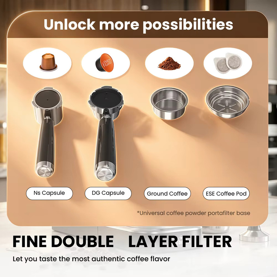 Patbrela Halbautomatische Espresso-Kaffeemaschine mit 20 Bar, Doppelwassersystem und Cold Brew Funktion, Silber/Edelstahl - Bild 6