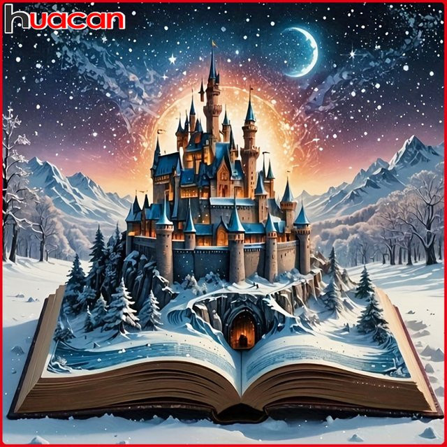 Huacan Diamantgemälde Schloss Mond Winter Landschaft Mosaik Komplettset mit runden Steinen in Multicolour, Breite: 20 cm, Höhe: 20 cm - Bild 1