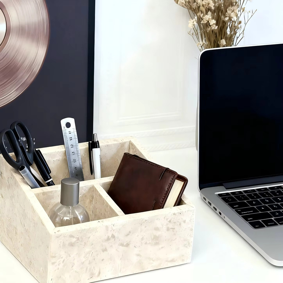 Mehrschichtiges Organizer-Tablett aus beige Travertin-Marmor mit Fächern für Make-up und Bürobedarf - Bild 2