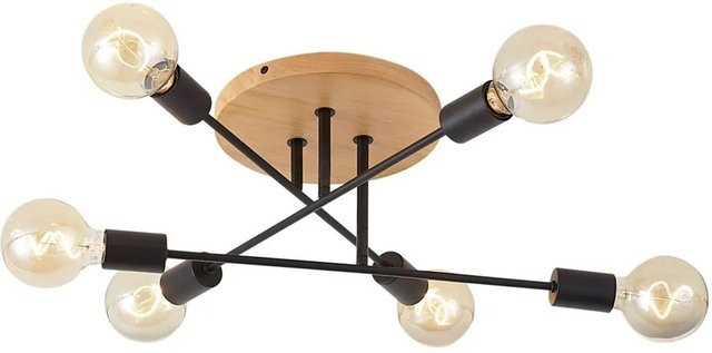 QAZQA Sydney Art Deco Deckenleuchte in Schwarz und Holz mit 6 Flammenglas-Elementen - Bild 1