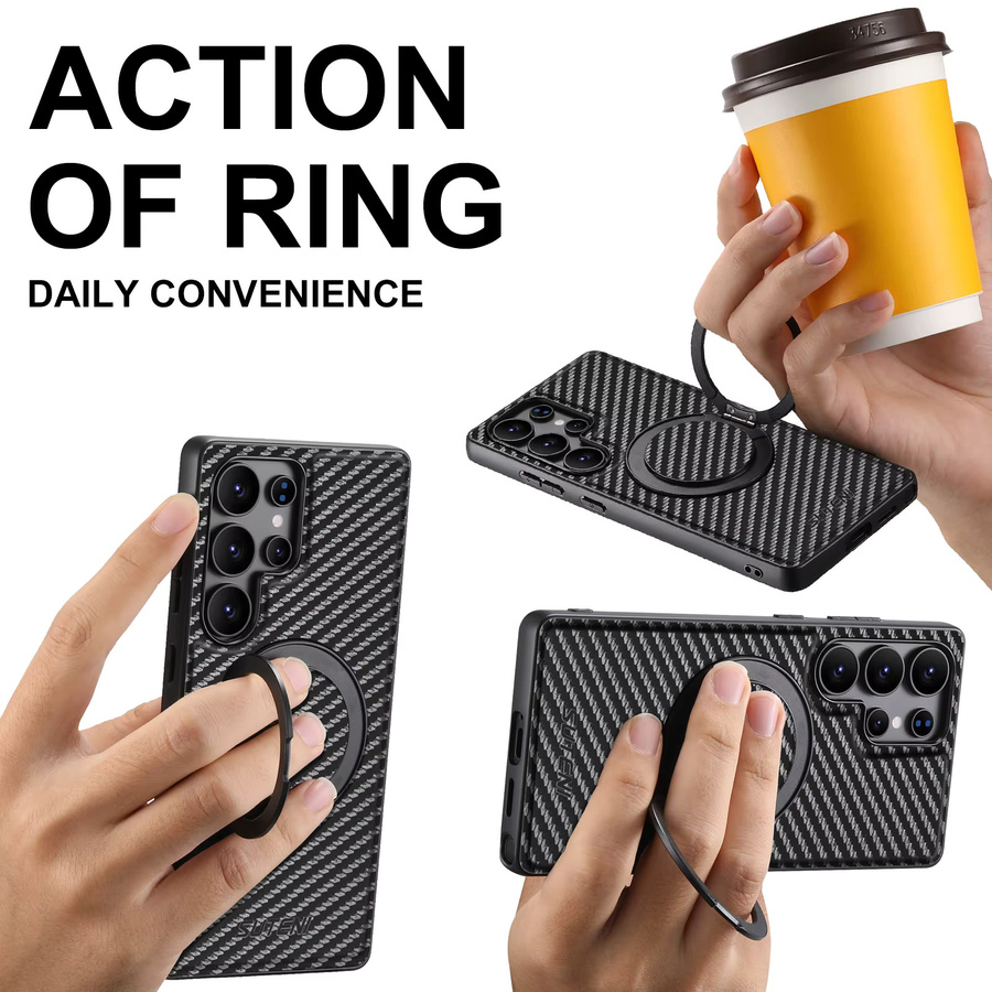 SUTENI Kohlefaser-Handyhülle in Schwarz für Samsung Galaxy S26 Ultra, S25, S24, S23, S22 mit 360 Grad drehbarem Ständer aus PU-Leder und Ringschnalle, kabelloses Laden möglich - Bild 4