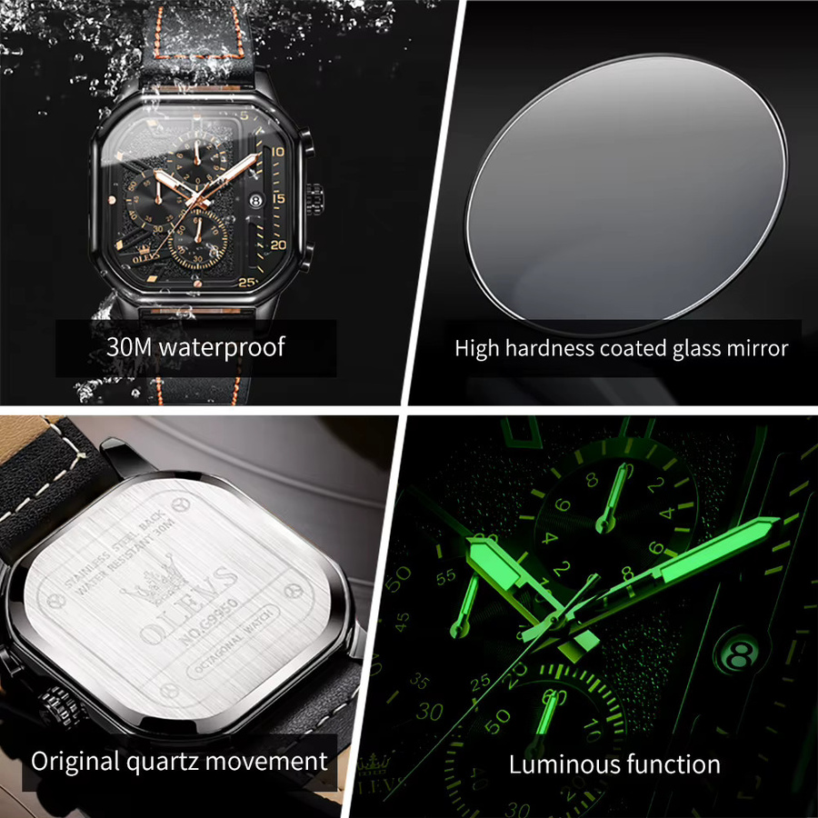 OLEVS Armbanduhr, Chronograph, Quarz, Leder, Schwarz, Herren - Bild 5
