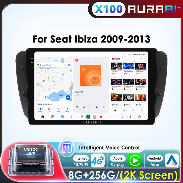 AURAAI Autoradio für Seat Ibiza 2009–2013 mit 2K-Bildschirm, Android-Multimedia, kabellosem Carplay, 360CAM und ADAS AI Voice in Schwarz - Bild 1