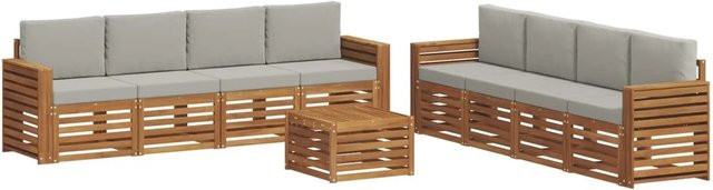 vidaXL 9-teilige Sofagarnitur aus Massivholz Akazie in Natur und Hellgrau mit Tisch und Kissen im modernen Latten-Design - Bild 1