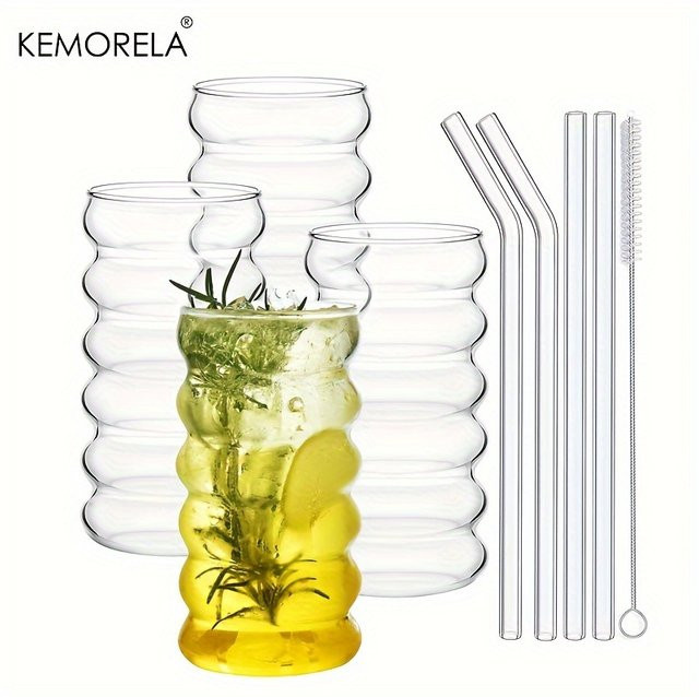 KEMORELA Wellenform Getränkegläser mit Strohhalmen, transparente Glasbecher für Wein, Champagner oder Cocktails, 500 ml - Bild 1