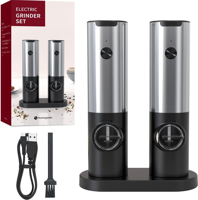 CLITON Elektrisches Salz- und Pfeffermühlen-Set aus Edelstahl, USB-wiederaufladbar, Silber - Bild 1