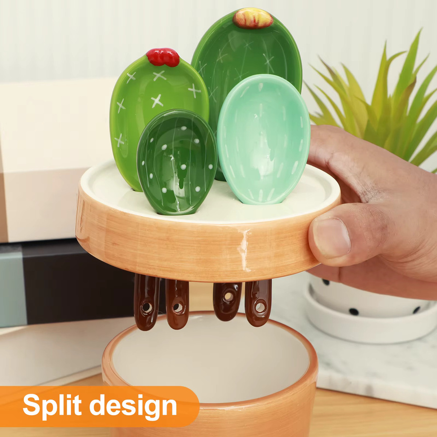 Willstar 4-teiliges Messlöffel-Set aus Porzellan in Kaktusform, Keramik-Messlöffel mit Sockel, Grün - Bild 3