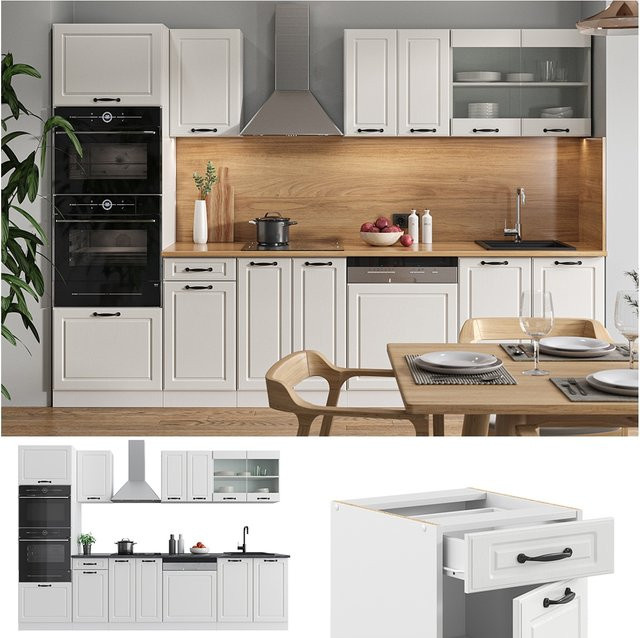 Vicco Küchenzeile R-Line Landhaus Weiß mit Hochschrank Breite: 300 cm - Bild 1
