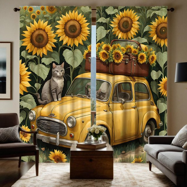 2er-Set Dekovorhang mit Sonnenblumen und Katze im Retro-Stil, Gelb/Schwarz, B: 132 cm, H: 160 cm - Bild 1