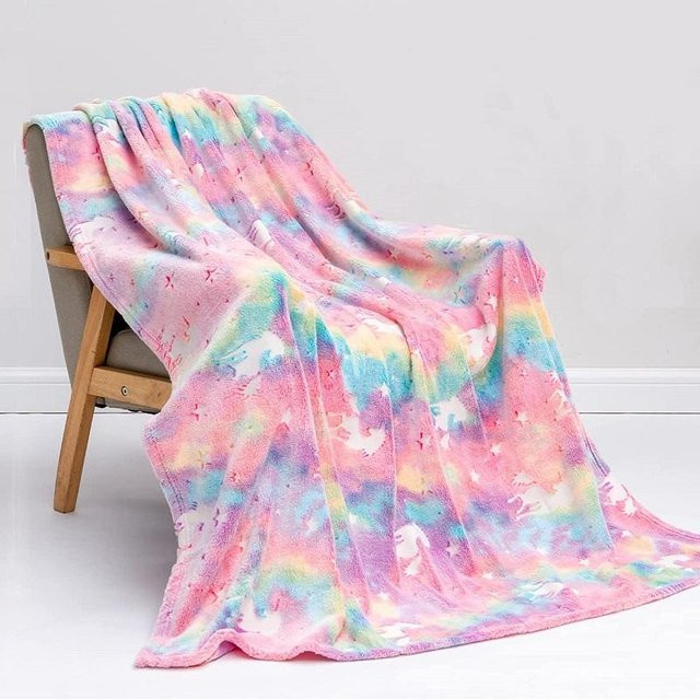 WTEMPO Leuchtende Einhorn-Flanellblanket in Pink, gemütliche Plüschdecke für Erwachsene, B/B: 100 x 150 cm - Bild 1