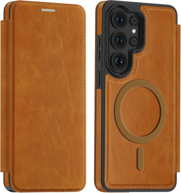 Magnetische Business Leder Handyhülle mit Kartenfach für Samsung S26 S25 Ultra S25 Edge FE kompatibel mit MagSafe in Braun oder Lila - Bild 1