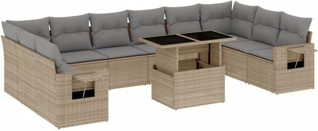 vidaXL 11-tlg Garten-Sofagarnitur in L-Form aus beige farbenem Poly-Rattan mit Kissen und pulverbeschichtetem Stahlgestell - Bild 1