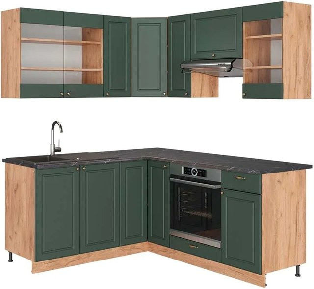 Vicco Fame-Line Eckküche im Landhausstil in Grün-Gold und Anthrazit mit Eiche-Optik, B/T/H: 160 x 190 x 82 cm - Bild 1