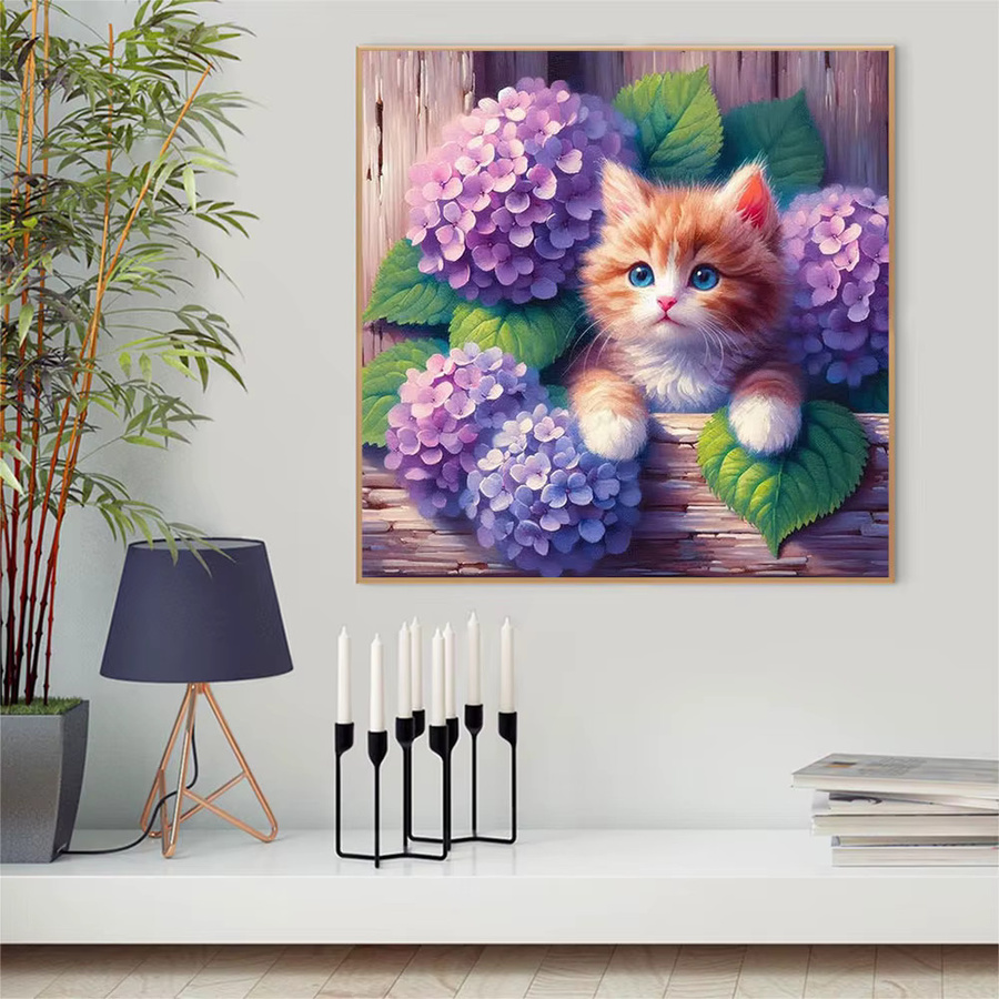 Momoart 5D DIY Diamantmalerei Katze und Hortensie als Wandkunst in Mehrfarbig - Bild 3
